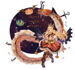 Rule 34 | 10s, 1girl, ;d, azaka (rionrita), bat wings, blonde hair, cagliostro (granblue fantasy), cagliostro (halloween) (granblue fantasy), candy, dragon, food, frilled skirt, frills, granblue fantasy, happy halloween, highres, jack-o&#039;-lantern, long hair, one eye closed, open mouth, purple eyes, skirt, smile, solo, star (symbol), thighhighs, wings