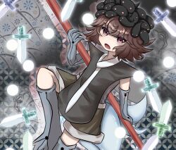 Rule 34 | 1other, androgynous, animal, animal on head, azuma kaisen, blue footwear, blue gloves, boots, brown eyes, brown hair, dagger, elbow gloves, gloves, grey shirt, highres, knife, len&#039;en, multiple tails, on head, open mouth, other focus, shirt, short hair, shorts, solo, tadpole, tadpole tail, tail, thigh boots, torenn, weapon, yellow shorts