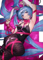 Rule 34 | 1girl, :d, ahoge, animal ears, arm behind head, arm up, armpits, black footwear, black leotard, black pantyhose, blue eyes, blue hair, bow, bowtie, breasts, clothing cutout, commentary, cowboy shot, cuffs, detached collar, dutch angle, fake animal ears, fishnet pantyhose, fishnets, floating hair, floppy ears, foot up, grin, hair ornament, hair spread out, hairband, handcuffs, hatsune miku, heart cutout, highleg, highleg leotard, highres, large breasts, leotard, looking at viewer, multicolored hair, nail polish, o-ring, o-ring thigh strap, open mouth, pantyhose, pink bow, pink bowtie, pink hair, pink nails, pink pupils, playboy bunny, rabbit ears, rabbit hole (vocaloid), smile, solo, stomach cutout, streaked hair, symbol-only commentary, teardrop facial mark, teeth, thigh strap, vocaloid, white hairband, x hair ornament, yacchi (yxxrem)