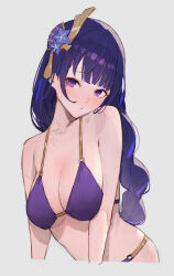 Rule 34 | 1girl, bare arms, bare shoulders, bikini, blush, braid, breasts, cleavage, closed mouth, genshin impact, grey background, hair ornament, highres, large breasts, long hair, looking at viewer, low-braided long hair, low-tied long hair, mole, mole under eye, purple bikini, purple eyes, purple hair, raiden shogun, simple background, solo, sooon, swimsuit