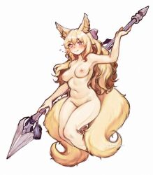 Rule 34 | 1girl, animal ear fluff, animal ears, blonde hair, blush, bow, breasts, chadolbaegi, commentary, commission, copyright request, english commentary, female pubic hair, hair bow, heart, highres, holding, holding polearm, holding weapon, long hair, looking at viewer, medium breasts, multiple tails, navel, nipples, nude, pink eyes, polearm, pubic hair, purple bow, simple background, smile, solo, tail, twitter username, very long hair, weapon, weapon behind back, white background