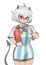 Rule 34 | 1girl, absurdres, ahoge, argentina, asociacion de futbol argentina, bags under eyes, blue shirt, bob cut, bracelet, breasts, closed mouth, collarbone, commentary, cup, danaoharah, demon girl, demon horns, demon tail, drink, drinking, drinking straw, english commentary, grey horns, grey tail, hair between eyes, helltaker, highres, holding, holding cup, holding drink, holding thermos, horns, jersey, jewelry, large breasts, long shirt, looking at viewer, malina (helltaker), mixed-language commentary, no pants, red eyes, ringed eyes, shirt, short hair, simple background, slit pupils, soccer uniform, solo, spanish commentary, sportswear, striped clothes, striped shirt, tail, thermos, thick eyebrows, vertical-striped clothes, vertical-striped shirt, wavy mouth, white background, white hair, white shirt