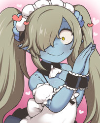 Rule 34 | 1girl, apron, ascot, blue eyes, blue skin, blush, breasts, brown hair, cleavage, closed mouth, colored skin, detached sleeves, disgaea, hair over shoulder, heart, highres, looking at viewer, maid (disgaea), maid headdress, one eye covered, own hands together, pink background, pointy ears, puffy detached sleeves, puffy short sleeves, puffy sleeves, rantana (lalalalackluster), short sleeves, smile, solo, stitches, twintails, white apron, white ascot, wide-eyed, yellow eyes, zombie