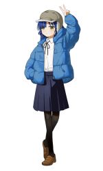 Rule 34 | 1girl, absurdres, asymmetrical bangs, asymmetrical sidelocks, black pantyhose, black ribbon, blue hair, blue jacket, blue skirt, bocchi the rock!, collared shirt, color-coded, full body, grey headwear, hand in pocket, hand up, highres, hood, hood down, hooded jacket, jacket, loafers, long sleeves, looking at viewer, mole, mole under eye, neck ribbon, ogino panda, open clothes, open jacket, pantyhose, parka, pleated skirt, ribbon, shirt, shirt tucked in, shoes, short hair, simple background, skirt, standing, trapper hat, v, white background, white shirt, yamada ryo, yellow eyes