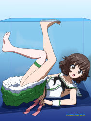 Rule 34 | 1girl, akiyama yukari, armpits, blush, breasts, brown eyes, brown hair, dated, girls und panzer, highres, looking at viewer, naotosi, open mouth, race queen, short hair, small breasts, solo, thighhighs, white thighhighs
