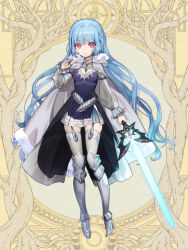 Rule 34 | 1girl, armor, blue hair, braid, breasts, cape, choker, dairoku ryouhei, greaves, grey thighhighs, hand up, high heels, holding, holding sword, holding weapon, kamishiro cecil, long hair, long sleeves, looking at viewer, red eyes, shiropbw, small breasts, solo, standing, sword, thighhighs, weapon, yellow background