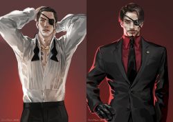 Rule 34 | 2018, 2boys, arms behind head, bandages, black hair, black pants, dress shirt, eyebrows, eyepatch, facial hair, formal, highres, jane mere, jewelry, looking at viewer, majima goro, male focus, manly, multiple boys, necklace, aged up, pants, red background, red eyes, ryuu ga gotoku (series), ryuu ga gotoku 0, ryuu ga gotoku 5, shirt, short hair, simple background, suit, aged down