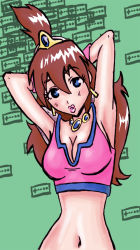 Rule 34 | 1girl, blue eyes, breasts, brown hair, captain n the game master, cleavage, crown, earrings, jewelry, lipstick, long hair, looking at viewer, makeup, midriff, navel, necklace, nintendo, princess lana, solo