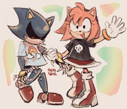 Rule 34 | 1boy, 1girl, 9474s0ul, amy rose, animal ears, animal nose, arm grab, arm up, black eyes, black shirt, blue shirt, boots, bracelet, commentary, english commentary, full body, furry, furry female, gloves, highres, jewelry, looking at viewer, metal sonic, open mouth, print shirt, rainbow print, red eyes, red footwear, robot, shirt, short sleeves, simple background, skull print, smile, sonic (series), standing, t-shirt, white gloves