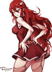 Rule 34 | 1girl, ass, blush, breasts, cordelia (fire emblem), fire emblem, fire emblem awakening, garter straps, hair between eyes, hair ornament, long hair, looking at viewer, looking back, matching hair/eyes, medium breasts, mina cream, nintendo, red eyes, red hair, smile, solo, thighhighs, thighs, very long hair, white background, zettai ryouiki