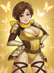 Rule 34 | 1girl, armor, bad id, bad pixiv id, belt, breasts, brown eyes, brown hair, bug, butterfly, cleavage, cowboy shot, emphasis lines, faulds, female focus, hands on own hips, insect, large breasts, leg ribbon, leotard, lips, maou alba, neckerchief, nene (sengoku musou), ninja, nose, ribbon, sengoku musou, sengoku musou 2, short hair, shoulder pads, smile, solo, thigh ribbon