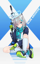 Rule 34 | 1girl, absurdres, animal ear fluff, animal ears, assault rifle, black footwear, black skirt, blue archive, blue background, blue eyes, blue jacket, blue scarf, commentary request, copyright name, fringe trim, full body, gloves, green gloves, grey hair, gun, hair ornament, hair over one eye, halo, hand up, highres, holding, jacket, knee up, kneehighs, long sleeves, looking at viewer, open clothes, open jacket, osisio, parted lips, pleated skirt, rifle, scarf, shiroko (blue archive), shirt, shoe soles, shoes, sig sauer 556, sitting, skirt, socks, solo, two-tone background, weapon, white background, white shirt, white socks