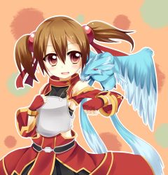 Rule 34 | 10s, 1girl, :d, brown hair, chest plate, detached sleeves, dragon, east01 06, fingerless gloves, gloves, hair ornament, highres, mini dragon, open mouth, pina (sao), red eyes, red gloves, silica, smile, sword art online, twintails