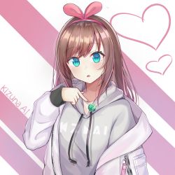 Rule 34 | 1girl, blue eyes, blush, brown hair, character name, commentary request, drawstring, ds a, fingernails, grey hoodie, hair ribbon, hairband, heart, hood, hood down, hoodie, jacket, kizuna ai, kizuna ai inc., long hair, looking at viewer, multicolored hair, nail polish, off shoulder, open clothes, open jacket, parted lips, pink hair, pink hairband, pink nails, pink ribbon, pointing, ribbon, solo, streaked hair, upper body, virtual youtuber, white jacket