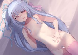 Rule 34 | 1girl, areola slip, bar censor, bed sheet, blue hair, blue ribbon, blush, breasts, censored, commentary request, dutch angle, female pubic hair, groin, hair censor, hair over breasts, hair ribbon, hand on own stomach, highres, kotonoha aoi, long hair, looking at viewer, lying, navel, nude, on back, paingumi, parted lips, pink thighhighs, pubic hair, red eyes, ribbon, small breasts, solo, thighhighs, very long hair, voiceroid