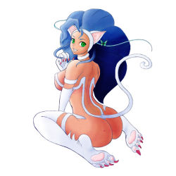 Rule 34 | 1girl, ahoge, animal ears, animal hands, ark (morita hitomi), ass, bad deviantart id, bad id, big hair, blue hair, breasts, bug, butterfly, capcom, cat ears, cat tail, colorized, felicia (vampire), from behind, gigazemus, green eyes, hairband, huge ahoge, insect, large breasts, long hair, looking back, open mouth, sitting, solo, tail, vampire (game), wariza
