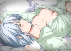Rule 34 | 1girl, alternate costume, arms up, bed sheet, blush, breasts, breasts apart, buttons, cleavage, closed eyes, commentary request, eyelashes, ghost, head tilt, highres, konpaku youmu, konpaku youmu (ghost), long sleeves, lying, medium breasts, navel, no bra, nori tamago, on back, on bed, pajamas, partially unbuttoned, partially undressed, shiny skin, short hair, silver hair, sleeping, solo, touhou, upper body