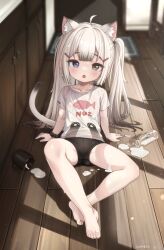 1girl ahoge animal_ear_fluff animal_ears arm_support barefoot black_shorts blush bottle cat_ears cat_girl cat_tail comodomodo cup fallen_down feet hair_ornament hairclip heterochromia highres indoors kitchen leaning_back legs legs_apart long_hair milk milk_bottle mug on_floor open_mouth original shirt short_shorts short_sleeves shorts sitting solo spilled_milk tail thighs toes two_side_up white_hair white_shirt wooden_floor