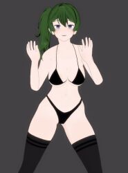 Rule 34 | 1girl, animated, animated gif, arm up, armor, bikini, black bikini, blue eyes, bouncing breasts, breasts, cleavage, dancing, green hair, large breasts, legs, navel, side ponytail, smile, solo, sousou no frieren, swimsuit, thick thighs, thighs, ubel (sousou no frieren)