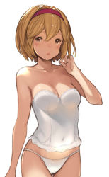Rule 34 | 10s, 1girl, :o, arm up, backlighting, bad id, bad pixiv id, blonde hair, blush, breasts, brown eyes, bustier, cleavage, collarbone, covered navel, cowboy shot, djeeta (granblue fantasy), gluteal fold, granblue fantasy, hair intakes, hairband, hanarito, highres, looking at viewer, panties, short hair, simple background, small breasts, solo, standing, thigh gap, underwear, underwear only, white background, white panties