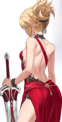 Rule 34 | 1girl, bare shoulders, blonde hair, braid, breasts, center opening, choker, clarent (fate), commentary, fate/apocrypha, fate (series), french braid, from behind, highres, holding, holding sword, holding weapon, long hair, mordred (fate), mordred (fate/apocrypha), ponytail, shoulder blades, sidelocks, small breasts, smile, solo, sword, tonee, weapon, wristband