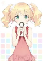 Rule 34 | 10s, 1girl, alice cartelet, bare arms, bare shoulders, blonde hair, blush, bow, collarbone, covered navel, doll, dress, flat chest, frilled dress, frills, green eyes, hair ornament, hair scrunchie, heart, holding, kani biimu, kin-iro mosaic, kokeshi, looking at viewer, red bow, red dress, ribbon, scrunchie, short twintails, sleeveless, sleeveless dress, solo, tareme, twintails, upper body