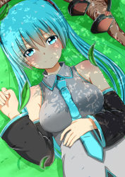 Rule 34 | 1girl, aqua necktie, bare shoulders, baretto (karasi07), blurry, blush, breasts, closed mouth, dappled sunlight, depth of field, detached sleeves, eyebrows, falling leaves, grass, grey shirt, hand on own stomach, hatsune miku, headphones, headphones removed, highres, large breasts, leaf, long hair, long sleeves, looking at viewer, lying, necktie, on back, plant, shade, shirt, sleeveless, sleeveless shirt, smile, solo, sunlight, tree, tree shade, twintails, under tree, upper body, vocaloid, wing collar