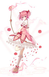 Rule 34 | 10s, 1girl, bow, bow (weapon), flower, gloves, glowing, hair bow, highres, itsumi (izumi), izumi4195202, kaname madoka, leg up, looking at viewer, magical girl, mahou shoujo madoka magica, mahou shoujo madoka magica (anime), mary janes, petals, pink eyes, pink hair, rose, shoes, short twintails, smile, solo, standing, standing on one leg, twintails, weapon