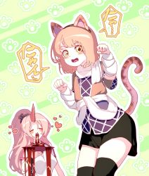 Rule 34 | 2girls, animal ears, arm up, arm warmers, black legwear, black skirt, blonde hair, blood, blush, breasts, brown jacket, cat ears, cat tail, closed eyes, commentary request, crying, crying with eyes open, cup, excessive nosebleed, fangs, feet out of frame, green background, heart, highres, holding, holding cup, horns, hoshiguma yuugi, jacket, kemonomimi mode, large breasts, long hair, looking at viewer, mizuhashi parsee, multiple girls, nosebleed, oni, oni horns, open mouth, paw pose, paw print, paw print background, pointy ears, red horns, sakazuki, scarf, short hair, short sleeves, single horn, skirt, standing, sunnysideup, tail, tears, thighhighs, tongue, touhou, white scarf, yuri