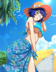Rule 34 | 1girl, bare arms, bikini, bird, blue bikini, blue hair, blue sky, bow, breasts, brown hat, day, eyepatch, floral print, from below, front-tie bikini top, front-tie top, green eyes, hat, hat bow, hibiscus print, ikkitousen, large breasts, lens flare, looking at viewer, looking back, mole, mole under mouth, open mouth, outdoors, parasol, ryomou shimei, sarong, short hair, sideboob, sky, solo, summer, sun hat, swimsuit, umbrella, underboob, white bow