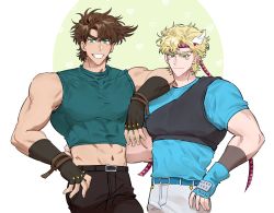 Rule 34 | 2boys, abs, arm on another&#039;s shoulder, bare shoulders, battle tendency, blonde hair, broad shoulders, brown hair, caesar anthonio zeppeli, chest protector, crop top, facial mark, feather hair ornament, feathers, fingerless gloves, gloves, green eyes, grin, hair ornament, headband, highres, jojo no kimyou na bouken, joseph joestar, joseph joestar (young), male focus, midriff, mubebe 0p, multiple boys, muscular, muscular male, narrow waist, smile
