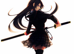 1girl black_hair black_thighhighs brown_hair drawing_sword from_behind holding holding_sword holding_weapon katana kurugaya_yuiko little_busters! long_hair looking_back plaid_clothes plaid_skirt purple_eyes school_uniform shizuki_sayaka simple_background skirt smile solo sword thighhighs weapon white_background zettai_ryouiki