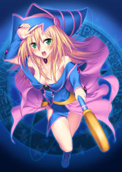 Rule 34 | 1girl, bare shoulders, blonde hair, blue background, blush, boots, breasts, choker, cleavage, dark magician girl, detached sleeves, duel monster, green eyes, hat, highres, long hair, magic circle, open mouth, pentacle, smile, solo, staff, suzume inui, yu-gi-oh!, yuu-gi-ou, yu-gi-oh! duel monsters