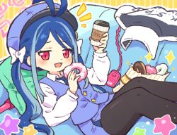 Rule 34 | 1girl, :3, antenna hair, black pantyhose, blue archive, blue hair, blue hat, blue necktie, blue skirt, blue vest, blush, bow, commentary request, couch, cup, disposable cup, doughnut, food, fubuki (blue archive), hair bow, halo, hat, holding, holding food, jacket, knees up, long hair, long sleeves, looking at viewer, lying, miniskirt, multicolored hair, necktie, notice lines, on back, on couch, onyhakase, open mouth, pantyhose, peaked cap, pink halo, red eyes, shirt, skirt, solo, star (symbol), streaked hair, twintails, unworn jacket, vest, waistcoat, walkie-talkie, white bow, white jacket, white shirt