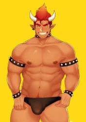 Rule 34 | 1boy, abs, absurdres, armlet, bara, black male underwear, blush, bowser, bracelet, briefs, bulge, character request, check character, collar, dark-skinned male, dark skin, feet out of frame, fujimachine (clayten), grin, groin, highres, horns, jewelry, large pectorals, looking at viewer, male focus, male pubic hair, male underwear, male underwear pull, muscular, muscular male, navel, navel hair, nintendo, nipples, orange hair, pectorals, personification, pointy ears, pubic hair, seductive smile, short hair, sideburns, smile, solo, spiked armlet, spiked bracelet, spiked collar, spikes, stomach, super smash bros., thick thighs, thighs, topless male, underwear, underwear only, yellow background