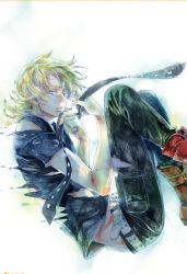 Rule 34 | 10s, 1boy, bad id, bad pixiv id, barnaby brooks jr., blonde hair, boots, floating, green eyes, male focus, necktie, painting (medium), shirt, solo, t-shirt, tiger &amp; bunny, traditional media, watercolor (medium), yunakazu