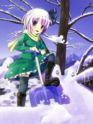 Rule 34 | 1girl, absurdres, bad id, bad pixiv id, boots, coat, female focus, gloves, hidebo, highres, konpaku youmu, mittens, nature, outdoors, scarf, short hair, shovel, silver hair, sky, snow, snow shovel, solo, thighhighs, touhou, worktool