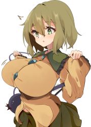Rule 34 | 1girl, alternate breast size, blush, breasts, buttons, collar, collared shirt, commentary request, diamond button, frilled collar, frilled sleeves, frills, green eyes, green hair, green skirt, hands up, highres, komeiji koishi, large breasts, medium hair, midriff peek, parted lips, shirt, simple background, skirt, solo, spy (user jxcc8553), third eye, touhou, upper body, white background, yellow shirt