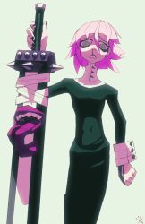 Rule 34 | 1other, absurdres, androgynous, black dress, clenched teeth, crona (soul eater), dress, from below, highres, looking at viewer, machitoons, other focus, pink hair, shaded face, short hair, simple background, solo, teeth