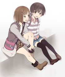 Rule 34 | 2girls, adjusting clothes, adjusting legwear, arm support, badge, bag, bag charm, black legwear, boots, brown eyes, brown footwear, brown hair, button badge, casual, charm (object), full body, hair ornament, hairclip, jacket, letterman jacket, loafers, long sleeves, looking at another, mattaku mousuke, multiple girls, open clothes, open jacket, original, plaid, plaid shirt, shirt, shoes, short hair, shorts, shoulder bag, sitting, striped clothes, striped sweater, sweater, thighhighs, white background