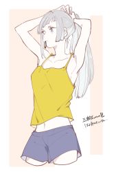 Rule 34 | 1girl, adjusting hair, alternate costume, alternate hair color, armpits, arms up, blue shorts, breasts, camisole, casual, closed mouth, collarbone, commentary, cowboy shot, expressionless, eyelashes, hair tie in mouth, jujutsu kaisen, long hair, midriff, miwa kasumi, mouth hold, navel, pink background, ponytail, shikiya, short shorts, shorts, grey eyes, silver hair, simple background, sleeveless, small breasts, solo, spaghetti strap, straight hair, translated, tying hair, yellow camisole