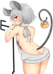 Rule 34 | 1girl, animal ears, ass, backless outfit, bare arms, bare shoulders, basket, breasts, butt crack, commentary request, cowboy shot, daichi (tokoya), dowsing rod, from behind, grey hair, grey sweater, highres, holding, holding basket, holding with tail, looking at viewer, looking back, meme attire, mouse (animal), mouse ears, mouse tail, nazrin, planted, prehensile tail, profile, red eyes, short hair, simple background, small breasts, solo, standing, sweat, sweater, tail, thighs, touhou, virgin killer sweater, white background