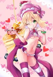 Rule 34 | 1girl, adapted costume, amitie (puyopuyo), bad id, bad pixiv id, blonde hair, blueberry, blush, bow, breasts, cameltoe, food, food on head, fork, frills, fruit, fruit on head, green eyes, hat, heart, heart background, highres, looking at viewer, midriff, object on head, one eye closed, pancake, puyopuyo, puyopuyo fever, puyopuyo quest, sega, short hair, small breasts, strawberry, thighhighs, tongue, tongue out, underboob, wink, wristband, yui (msy1302mana)