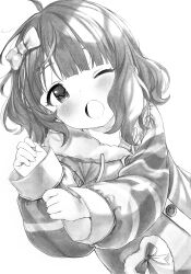 Rule 34 | 1girl, ahoge, blush, bow, breasts, coat, dot nose, fur-trimmed coat, fur trim, greyscale, hair bow, hair ribbon, highres, idolmaster, idolmaster million live!, idolmaster million live! theater days, long sleeves, looking at viewer, lying, monochrome, on side, one eye closed, open mouth, ribbon, sasa koutoyomu, short hair, small breasts, solo, suou momoko, traditional media, wavy hair
