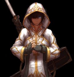 Rule 34 | 00s, 1boy, artist request, blue eyes, brown hair, cross, dungeon and fighter, fingerless gloves, gloves, hood, male focus, male priest (dungeon and fighter), michael of the holy eye, short hair, solo