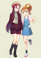 Rule 34 | 2girls, absurdres, bare legs, black footwear, black legwear, blue eyes, blush, boots, bow, brown hair, brown headwear, closed mouth, eyelashes, full body, green eyes, green sweater, grey background, grin, hair between eyes, hair bow, high ponytail, highres, holding hands, interlocked fingers, jacket, jewelry, knee boots, long hair, long sleeves, looking at viewer, multiple girls, natsuumi manatsu, open clothes, open jacket, overalls, pendant, pink shirt, plaid, plaid jacket, plaid shorts, precure, red hair, red jacket, red shorts, shirt, short shorts, shorts, side ponytail, simple background, smile, socks, standing, standing on one leg, straight hair, sweater, takizawa asuka, tropical-rouge! precure, v, very long hair, white footwear, yellow bow, yuzu sato