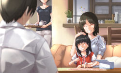 Rule 34 | 1boy, 3girls, :d, ^ ^, aged up, alternate hair length, alternate hairstyle, amagami, apartment, ayatsuji tsukasa, black hair, black shirt, blunt bangs, blurry, blurry foreground, blush, bob cut, box, breasts, brother and sister, chair, child, closed eyes, collarbone, commentary, couch, couple, cup, depth of field, dress shirt, family, father and daughter, film grain, from behind, grin, head out of frame, holding, holding jar, holding spoon, holding tray, hood, hood down, hoodie, husband and wife, indoors, jar, kaoru348, light smile, long hair, medium hair, mother and daughter, multiple girls, on lap, open mouth, pants, parted hair, pink shirt, plant, potted plant, red hoodie, shirt, short hair, short sleeves, siblings, sitting, sitting on person, small breasts, smile, spoon, table, tachibana jun&#039;ichi, tachibana miya, teacup, teapot, tray, white hoodie, white legwear, white shirt