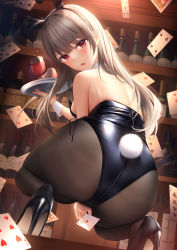 Rule 34 | 1girl, :o, ace (playing card), ace of hearts, alcohol, animal ears, ass, bad id, bad pixiv id, bar (place), bare back, bare shoulders, black leotard, black pantyhose, blunt bangs, blush, bottle, breasts, card, club (shape), commentary request, cup, detached collar, diamond (shape), drinking glass, ear piercing, fake animal ears, fake tail, five of clubs, five of diamonds, five of spades, four of clubs, grey hair, heart, high heels, highres, holding, holding card, holding tray, jack (playing card), jack of hearts, leotard, long hair, looking at viewer, looking back, mhru, nail polish, nine of clubs, open mouth, original, pantyhose, piercing, playboy bunny, playing card, queen (playing card), queen of diamonds, rabbit ears, rabbit tail, red eyes, revision, seven of clubs, shelf, side-tie leotard, sideboob, signature, six of hearts, sleeveless, solo, spade (shape), squatting, tail, thighband pantyhose, three of diamonds, three of spades, tray, two of hearts, wine, wine bottle, wine glass, wrist cuffs, zipper pull tab
