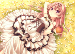 Rule 34 | 1girl, :o, apple, arm behind head, arm up, bad id, bad pixiv id, bare shoulders, blush, bow, corset, dress, empire waist, flower, food, frills, fruit, garden (game), grass, hair ribbon, himemiya ruri, holding, holding food, holding fruit, long hair, looking at viewer, lying, on back, open mouth, original, outstretched arm, pink eyes, pink hair, purple eyes, raise (ryo), ribbon, ryo (botugo), sleeveless, sleeveless dress, solo, strap slip, wrist cuffs
