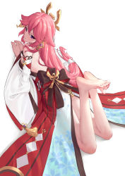 Rule 34 | 1girl, animal ears, arm support, bare back, barefoot, bly-yuan, breasts, commentary request, detached sleeves, earrings, fox ears, fox girl, from behind, genshin impact, hair between eyes, hair ornament, head tilt, highres, japanese clothes, jewelry, legs up, long hair, long sleeves, looking at viewer, looking back, low-tied long hair, lying, nontraditional miko, on stomach, pink hair, purple eyes, ribbon-trimmed sleeves, ribbon trim, sideboob, sidelocks, simple background, smile, soles, solo, white background, wide sleeves, yae miko